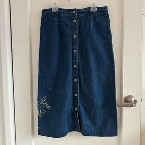 Elegant Denim Midi Skirt with Floral Detail